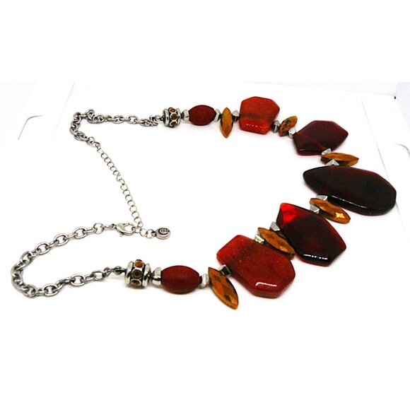 Designer VTG Chunky Red & Amber Statement Necklace w Adjustable Chain Silvertone - Picture 2 of 3